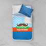 Spark & Spark Little Mr. Mustach Sherpa Blanket, blue and white blanket with a cartoon mustache design and personalized with the name Alexander printed on it.