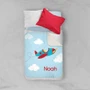 Spark & Spark Fly Little Plane Sherpa Blanket, blue and red airplane with clouds, personalized with the name Noah.