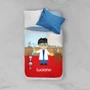 Spark & Spark Cool Scientist Boy Sherpa Blanket, personalized children's bed blanket featuring a cartoon boy scientist in a lab coat with scientific equipment and the name Luciano on a red background.