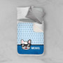 Spark & Spark Fun & Cute Dog Blue Sherpa Blanket, a cozy plush blanket with a cartoon dog wearing sunglasses and the name 'Michael' printed on it, spread on a bed with pillows.