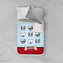Spark & Spark Cool Dogs Blue Sherpa Blanket, dog-themed blanket with cartoon dog faces and personalized name 'Michael' on a bed with pillows.