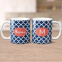 Spark & Spark Quatrefoil Beauty Ceramic Mug, pair of ceramic mugs with blue quatrefoil pattern and personalized pink label with name Marian and initial M.