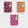 SparkGreetings® Cute Rocks Writing Journal, colorful animal print design with giraffe pattern in three options: purple and pink, orange and blue, pink and turquoise.