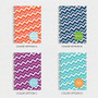 SparkGreetings® Mod Chevrons Writing Journal, four colorful chevron patterned notebooks in orange, blue, purple, and teal with spiral binding and round label with the name Brittany.