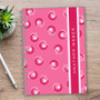 SparkGreetings® Small Swirls Writing Journal, pink floral pattern cover with a white and dark pink stripe and the name Heather Weber on it.