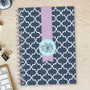 SparkGreetings® Simple Geometry Writing Journal, stylish navy blue journal with white geometric pattern and purple ribbon bookmark