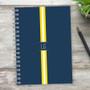 SparkGreetings® Elegant Ribbon Writing Journal, navy blue cover with yellow and white ribbon design and customizable initials 'LG' on the front.