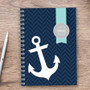 SparkGreetings® Small Anchor Writing Journal, navy blue chevron pattern cover with white anchor graphic and customizable name tag reading 'Sarah' on light blue ribbon.
