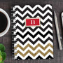 SparkGreetings® Black Chevron Writing Journal, stylish black and white zigzag patterned cover with gold accents and a red monogrammed label