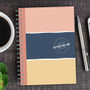 SparkGreetings® Three Stripes Writing Journal, stylish notebook with pink, navy blue, and beige stripes and customizable name Heather Williams on the cover.