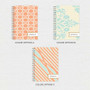 SparkGreetings® Tapestry Pattern Writing Journal, featuring three color options with unique patterns: option A with orange and white circles, option B with blue floral design on a cream background, and option C with orange and blue diagonal stripes.