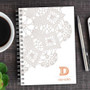 SparkGreetings® Sweet Embroidery Writing Journal, white notebook with intricate lace embroidery design and personalized initial 'D' with name 'danielle' on the cover.