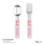 Spark & Spark Circles And Circles Pink Kids Plates, silverware set consisting of a spoon and a fork with pink and green circle pattern handles.