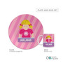 Spark & Spark Bubblegum Girl Kids Plates, round pink plate featuring a cartoon girl with yellow hair and pink bows, personalized with the name Melanie, accompanied by a matching mug with the same cartoon design, ideal for children's dinnerware sets.