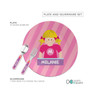 Spark & Spark Bubblegum Girl Kids Plates, colorful children's plate with girl illustration, personalized with name Melanie, includes matching silverware with character design.
