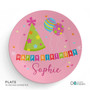 Spark & Spark Birthday Pop Custom Plate for Girls, decorated with a birthday hat, balloons, colorful confetti, and the personalized name Sophie.