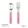 Spark & Spark Birthday Pop Custom Plate for Girls, pink-handled silverware with festive birthday designs and 'Happy Birthday' text.