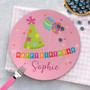 Spark & Spark Birthday Pop Custom Plate for Girls, pink birthday plate with colorful balloons, party hat, and 'Happy Birthday' message with personalized name 'Sophie' written on it.