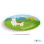 Spark & Spark Llama Land Custom Plate for Girls, colorful illustrated llama with a flower crown on green grassy landscape with mountains and a sunset in the background.