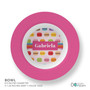 Spark & Spark Macaron Party Custom Plate for Girls, pink round plate with colorful macaroni design and personalized name 'Gabriela' in the center.