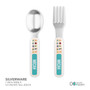 Spark & Spark Animal ABC Beige Custom Plate for Girls, stainless steel spoon and fork with colorful animal illustrations on the handles.