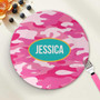 Spark & Spark Pink Camouflage Custom Plate for Girls, round plate with pink camouflage design and personalized name Jessica in the center.