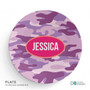Spark & Spark Purple Camouflage Custom Plate for Girls, 10-inch diameter round plate with pink name label for Jessica.