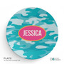 Spark & Spark Aqua Camouflage Custom Plate for Girls, 10-inch diameter with bright camouflage pattern and personalized name Jessica in the center.