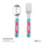 Spark & Spark Aqua Camouflage Custom Plate for Girls, stainless steel fork and spoon with colorful aqua camouflage patterned handles.