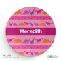 Spark & Spark Dinosaur Trails Girl Custom Plate for Girls, pink round plate featuring colorful dinosaur silhouettes with the name Meredith in the center.