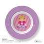 Spark & Spark Bubblegum Girl Kids Bowls, purple and pink girl-themed bowls featuring a cartoon girl with yellow hair and a pink shirt with the letter 'M', personalized with the name Melanie.