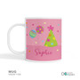 Spark & Spark Birthday Pop Kids Bowl Mug, personalized pink mug with birthday celebration design featuring balloons, a decorated Christmas tree, and the name Sophie.