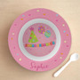 Spark & Spark Birthday Pop Kids Bowl, pink birthday themed plate with balloons, party hat, 'Happy Birthday' banner, and personalized name 'Sophie'