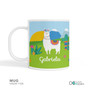 Spark & Spark Llama Land Kids Bowl Mug, colorful illustrated llama with a floral crown in a scenic landscape with mountains and cacti, personalized with the name Gabriela.