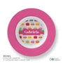 Spark & Spark Macaron Party Kids Bowl, pink round bowl with colorful macarons and personalized name 'Gabriela' in the center, perfect for kids' snacks.