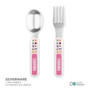 Spark & Spark Animal ABC Pink Kids Bowl, silverware set including a spoon and fork with colorful animal illustrations on the handles.