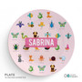 Spark & Spark Animal ABC Pink Kids Bowl, round pink bowl featuring colorful animal illustrations and the name SABRINA in the center.