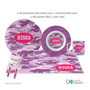 Spark & Spark Purple Camouflage Kids Bowl, matching plate, cup, and utensils set with personalized name JESSICA in purple camouflage pattern.