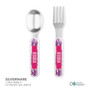 Spark & Spark Purple Camouflage Kids Bowl, a set of children's utensil with a spoon and fork featuring purple camouflage pattern and pink name label.