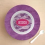 Spark & Spark Purple Camouflage Kids Bowl with personalized pink name label 'JESSICA' and a white spoon, designed for children.