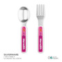 Spark & Spark Dinosaur Trails Girl Kids Bowl, silver-colored children's fork and spoon set with dinosaur trail design on handles.
