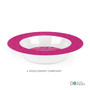 Spark & Spark Dinosaur Trails Girl Kids Bowl, pink and white children’s bowl with dinosaur trail pattern around the rim and cute dinosaur illustrations inside.