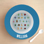Spark & Spark Animal ABC Blue Kids Bowl, colorful children's bowl with animal alphabet illustrations and personalized name 'William' on the rim, with a matching spoon on the side.