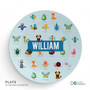 Spark & Spark Animal ABC Blue Personalized Boys Plate, round blue plate featuring colorful animal illustrations and the name William in the center.