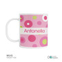 Spark & Spark Circles and Circles Pink Kids Placemat Mug, a white mug with pink, white, and lime green circles design featuring the name 'Antonella' in the center.