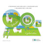 Spark & Spark Llama Land Kids Placemat, colorful llama-themed children’s placemat with personalized name Gabriela, includes matching mug and utensils, featuring mountains and cacti in a vibrant landscape.