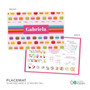 Spark & Spark Macaron Party Kids Placemat, colorful educational kids placemat with macarons design and a customizable name label, ideal for children's mealtime and learning activities.