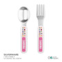 Spark & Spark Animal ABC Pink Kids Placemat, image showing a set of a spoon and fork with colorful animal illustrations and 'SABRINA' written on the handles.