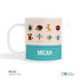 Spark & Spark Animal ABC Beige Kids Placemat mug featuring colorful animal illustrations including a green beetle, hedgehog, kangaroo, ladybird, dog, dragonfly, fish, and fly, with the name 'Micah' printed at the bottom.