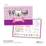 Spark & Spark Doggy Crew Purple Kids Placemat, colorful children's placemat featuring cartoon dog faces, a purple background with paw prints, and a personalized name "Jennifer" on a pink bone shape.